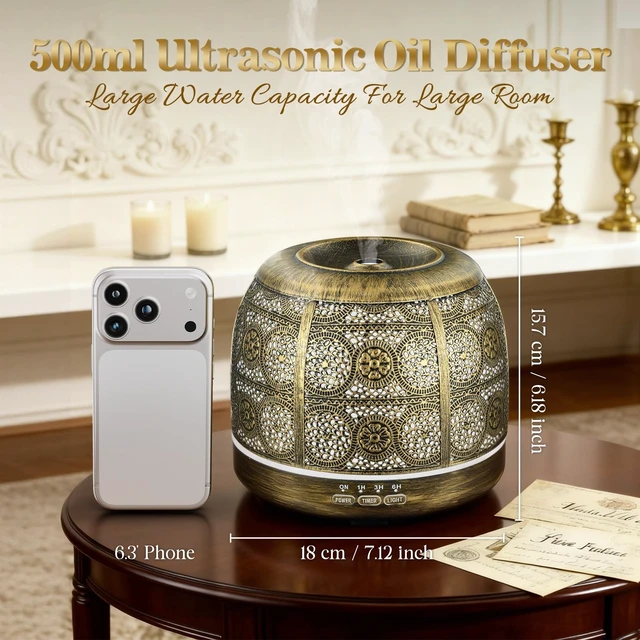 Alt view image 10 of 14 - Essential Oil Diffuser, 500ml Aromatherapy Diffuser for Home, Ultrasonic Diffusers for Essential Oils, Metal Oil Diffuser with Mist Timer and Color Mood Light, Gift for Women and Men