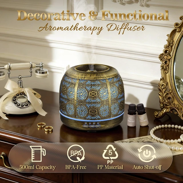Alt view image 13 of 14 - Essential Oil Diffuser, 500ml Aromatherapy Diffuser for Home, Ultrasonic Diffusers for Essential Oils, Metal Oil Diffuser with Mist Timer and Color Mood Light, Gift for Women and Men