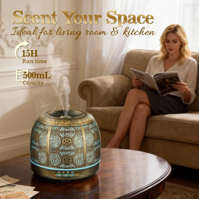 Alt view image 14 of 14 - Essential Oil Diffuser, 500ml Aromatherapy Diffuser for Home, Ultrasonic Diffusers for Essential Oils, Metal Oil Diffuser with Mist Timer and Color Mood Light, Gift for Women and Men