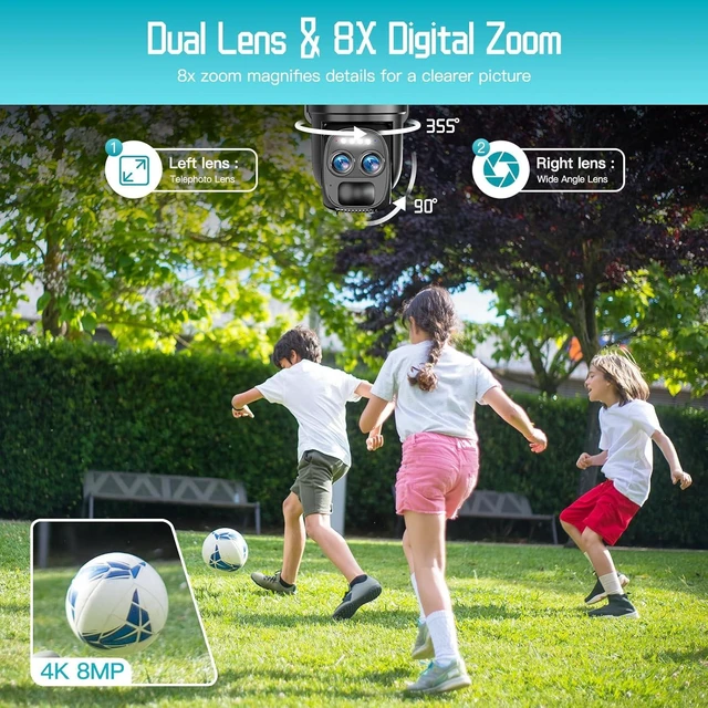 Alt view image 9 of 14 - 4K Dual Lens Solar Security Cameras Wireless Outdoor, 2.4G/5Ghz WiFi 6 Security Camera, 355° Pan/Tilt Home Security Camera with 8MP Color Night Vision, PIR Motion Detection, Auto Tracking, Alexa