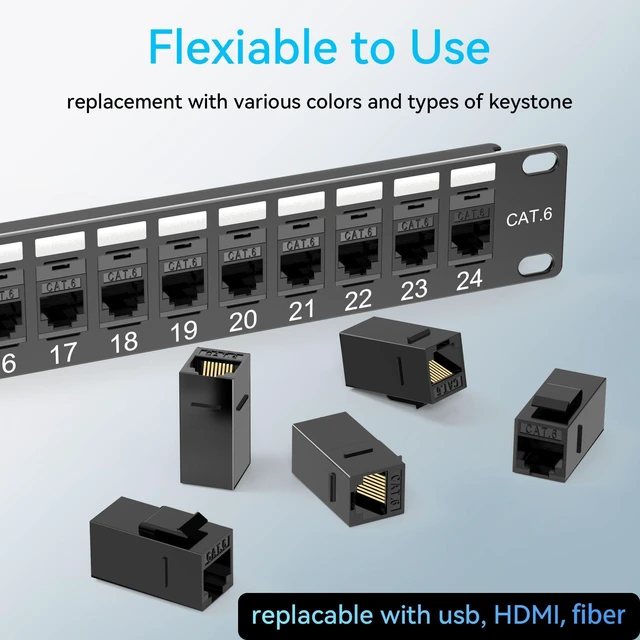 Alt view image 11 of 12 - Patch Panel 24 Port Cat6 with Coupler Keystone, Cat6 Network Patch Panel 10G No Punch Down, Time-Saver Ethernet 1U Rj45 Panel with Sturdy Back Bar, 19 Inch Coupler Network Panel