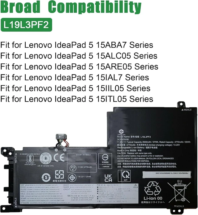 Alt view image 11 of 12 - L19L3PF2 Laptop Battery Replacement for Lenovo IdeaPad 5 15ABA7 15ALC05 15ARE05 15IAL7 15IIL05 15ITL05 Series SB10W86961 5B10W86945 L19C3PF5 SB10W86938 5B10W86947 L19M3PF6 11.55V 57Wh