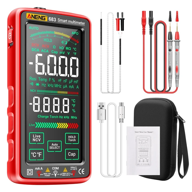 Alt view image 8 of 14 - Smart Multimeter, Digital Multimeter Tester with Touch Screen 6000 Counts Auto Ranging Rechargeable A Reverse Display NCV Tester with Flashlight for Electricians, DIY (Red)