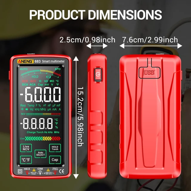 Alt view image 9 of 14 - Smart Multimeter, Digital Multimeter Tester with Touch Screen 6000 Counts Auto Ranging Rechargeable A Reverse Display NCV Tester with Flashlight for Electricians, DIY (Red)