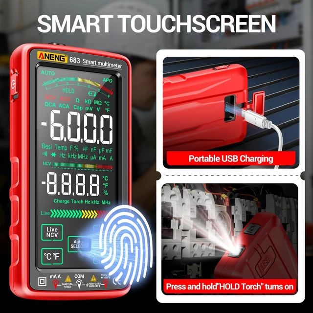 Alt view image 10 of 14 - Smart Multimeter, Digital Multimeter Tester with Touch Screen 6000 Counts Auto Ranging Rechargeable A Reverse Display NCV Tester with Flashlight for Electricians, DIY (Red)