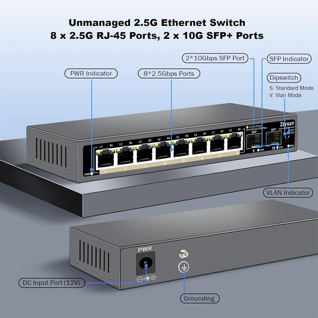 Alt view image 9 of 14 - 10 Port Unmanaged 2.5G Ethernet Switch with 8 x 2.5G RJ-45 Ports, 2 x 10G SFP+ Ports, Ports Speed Auto-Negotiation-100/1000/2500Mbps, One-Key VLAN, Fanless Metal Design, Plug & Play