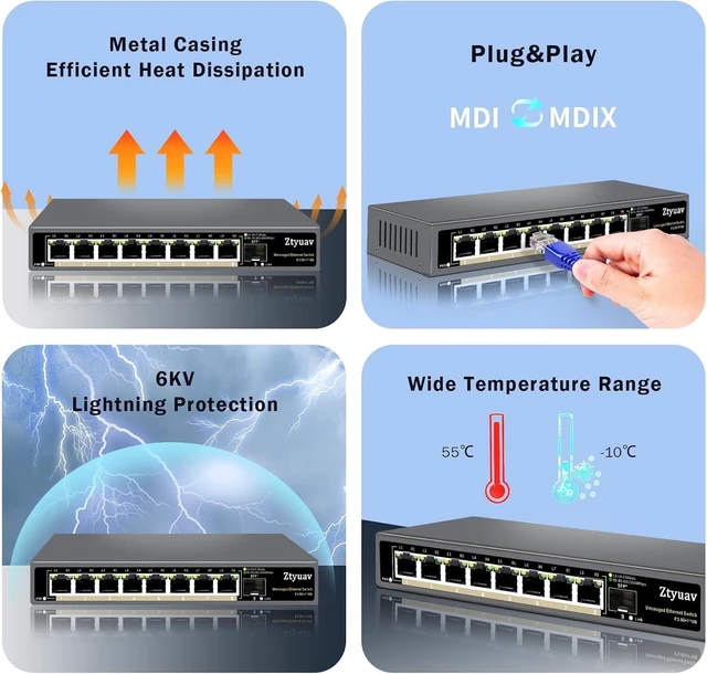 Alt view image 12 of 14 - 10 Port Unmanaged 2.5G Ethernet Switch with 8 x 2.5G RJ-45 Ports, 2 x 10G SFP+ Ports, Ports Speed Auto-Negotiation-100/1000/2500Mbps, One-Key VLAN, Fanless Metal Design, Plug & Play