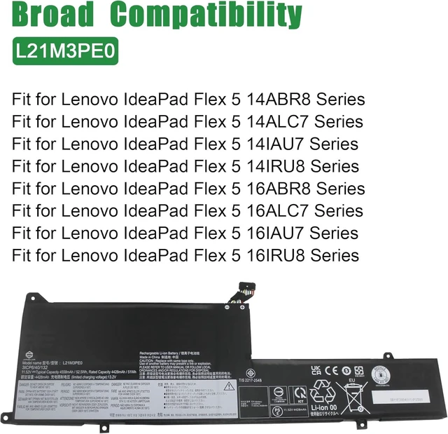 Alt view image 9 of 10 - L21M3PE0 Laptop Battery Replacement for Lenovo IdeaPad Flex 5 14ABR8 14ALC7 14IAU7 14IRU8 16ABR8 16IAU7 16IRU8 Series SB11F38041 5B11F38042 L21C3PE0 L21L3PE0 L21M3PE1 L21B3PE0 11.52V 52.5Wh
