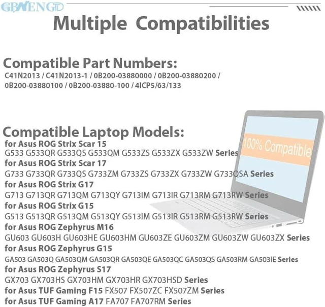 Alt view image 12 of 14 - C41N2013 C41N2013-1 Laptop Battery Replacement for Asus ROG Strix Scar 15 G533 Scar17 G733 G17 G713 G15 G513 Zephyrus M16 GU603 G15 GA503 TUF Gaming F15 FX507 A17 FA707 Series