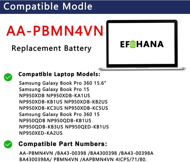 Alt view image 11 of 14 - AA-PBMN4VN Laptop Battery Replacement for Samsung Galaxy Book Pro 360 15 NP950XDB-KA1US NP950XDB-KB1US NP950XDB-KC3US NP950XDB-KC5US NP950QDB NP950QDB-KB1US NP950QED-KB1US 15.44V 4405mAh/68Wh