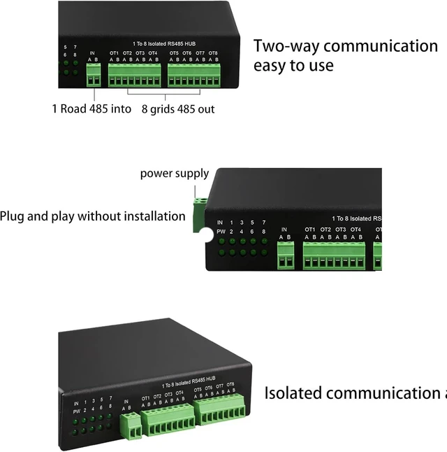 Alt view image 14 of 14 - RS485 Hub 1 to 8 Isolated Rs-485 Splitter 485 Sharer 1 in 8 Out Industrial Grade Optically Isolated Way 152.2Kbps Rs485 Connector Converter Way 1 to 8 Ports