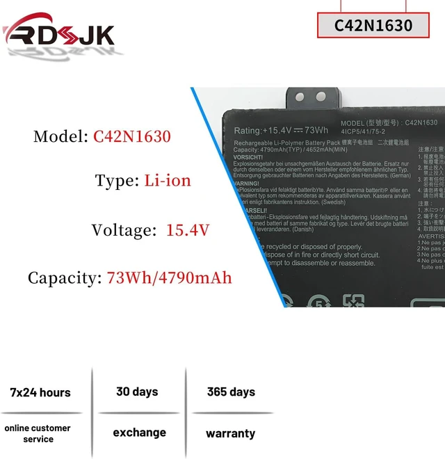 Alt view image 9 of 14 - C42N1630 Laptop Battery for ASUS Zenbook Pro UX550 UX550VE UX550VD UX550VD-7700 UX550VD-BN005T UX550VD-BN010T UX550VD-BN081T UX550VD-BN152T UX550VE-E3061T UX550VE-XH71 Series 0B200-02520000 15.4V 73Wh