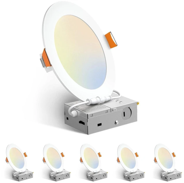 Alt view image 8 of 14 - 6 Pack 6 Inch 5CCT Ultra-Thin LED Recessed Ceiling Light with Junction Box, 2700K/3000K/3500K/4000K/5000K Selectable, 12W Eqv 110W 1050LM Brightness Dimmable Canless Wafer Downlight, ETL & FCC