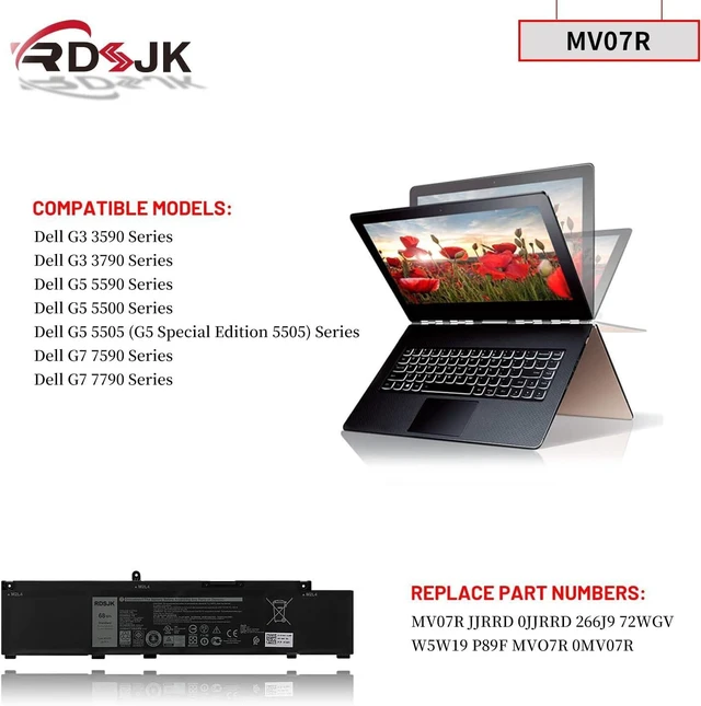 Alt view image 10 of 14 - RDSJK MV07R Laptop Battery for Dell G3 15 3500 3590 3700 3790 G5 5000 5590 5500 5505 SE 5505SE G7 7590 7790 Series JJRRD 0JJRRD 266J9 72WGV 072WGV W5W19 0W5W19 P89F MVO7R PN1VN M4GWP 15.2V 68Wh