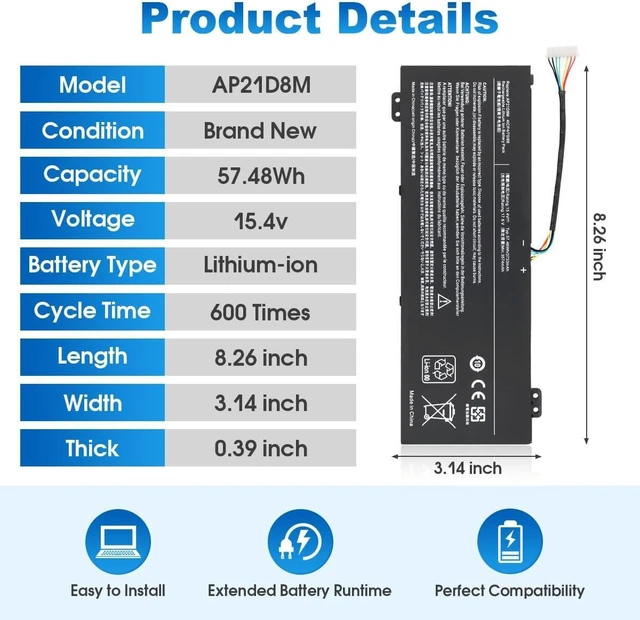 Alt view image 10 of 14 - AP21D8M Laptop Battery Replacement for Acer Nitro 5 AN515-46 AN515-47 AN515-58 AN515-58-56CL Nitro V 15 ANV15-51 Nitro 16 AN16-51 AN16-51-74BV