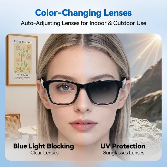 Alt view image 14 of 14 - KWENUN AI Smart Glasses with ChatGPT Bluetooth, Real-Time Translation, Music & Hands-Free Calls, Photochromic Lenses, UV & Blue Light Protection for Men & Women