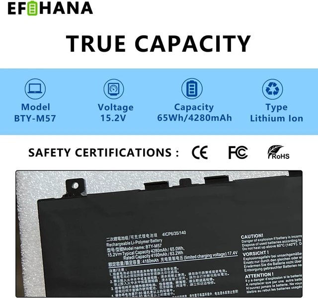Alt view image 14 of 14 - BTY-M57 Laptop Battery Replace for MSI GP66/GP76 Leopard 10UE 10UG 10UH 11UE 11UG 11UH MSI Vector GP66/GP76 12UE 12UG 12UGS 12UH Series Notebook BTY-M57 4ICP6/35/140 15.2V 65Wh 4280mAh