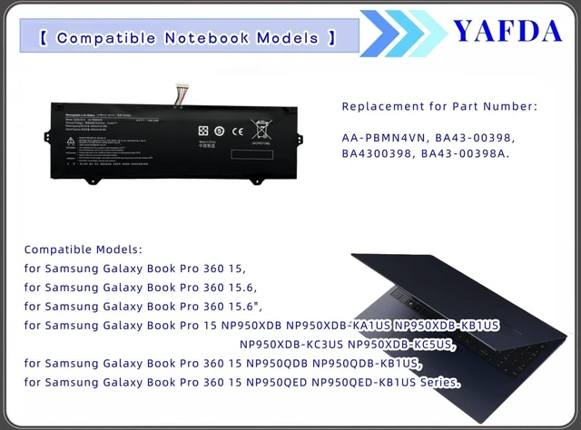 Alt view image 12 of 12 - Laptop Battery Replacement for Samsung Galaxy Book Pro 360 15 15.6" NP950XDB NP950XDB-KA1US NP950XDB-KB1US NP950XDB-KC5US NP950XDB-KC3US NP950QDB NP950QDB-KB1US NP950QED NP950QED-KB1US