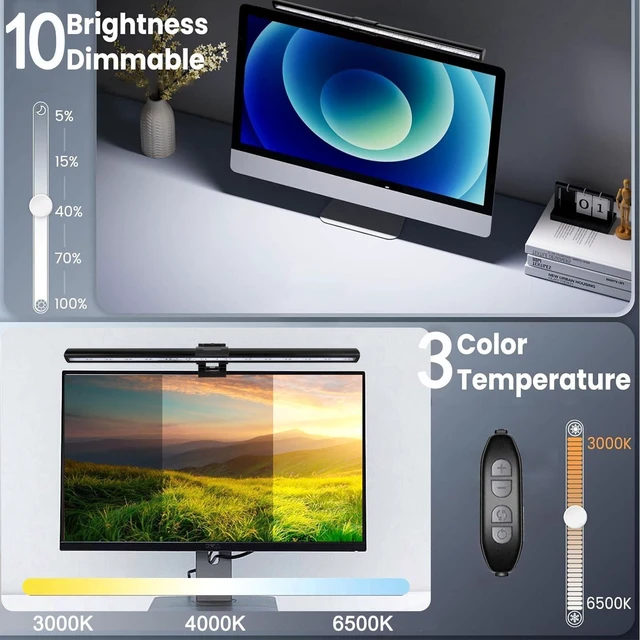 Alt view image 8 of 10 - Computer Monitor Lamp, Screen Light Bar Eye Caring, Keyboard Lamp with Clamp/Adjustable Brightness and 3 Color Temperature/No Screen Glare/Space Saving/USB Powered/for Home&Office-40cm