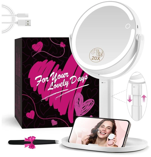 Alt view image 8 of 14 - Makeup Mirror with Lights, 20X Magnifying Mirrors, Height Adjustable, Vanity Mirror with Lights Rechargeable 3 Color Modes, Double-Sided Detachable Travel Mirrors, Gift for Women (White)