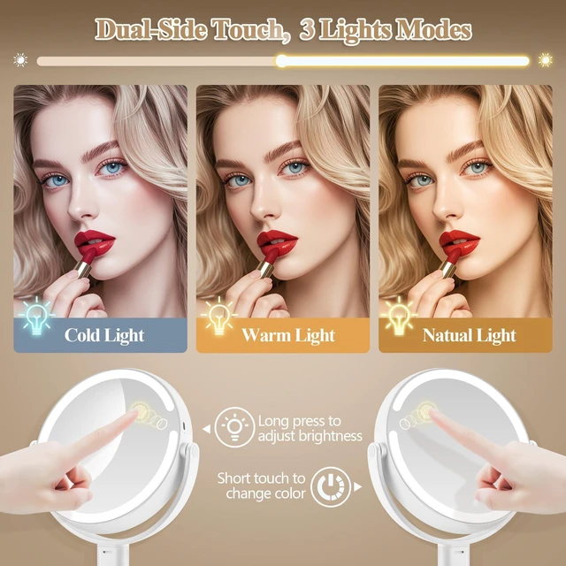 Alt view image 11 of 14 - Makeup Mirror with Lights, 20X Magnifying Mirrors, Height Adjustable, Vanity Mirror with Lights Rechargeable 3 Color Modes, Double-Sided Detachable Travel Mirrors, Gift for Women (White)