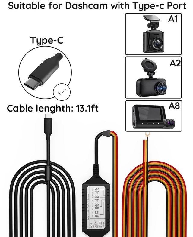 Alt view image 7 of 10 - Avylet 13.1ft Type-C Dash Cam Hardwire Kit with Low Voltage Protection for A1/A2/A8/Other Dash Camera with Type-C Port, 24H Parking Monitoring with Acc Functionality
