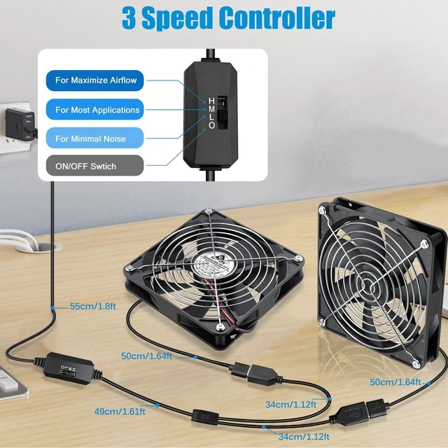 Alt view image 8 of 10 - GDSTIME Dual 140mm USB Fan with Speed Control, 5V Powered DC Brushless PC Computer Case Cooling Fans with 2 in 1 USB Cable for AV Receiver DVR PlayStation Computer Home Theater Cabinet Cooling