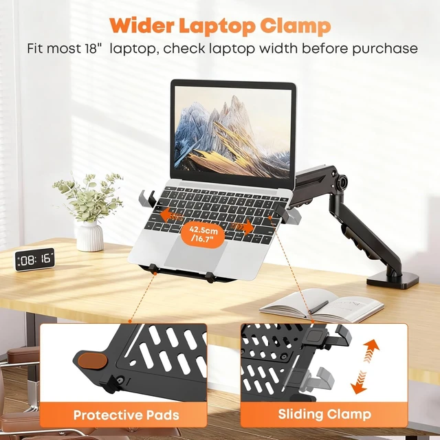 Alt view image 8 of 10 - PUTORSEN Laptop Arm Mount Desk - Fits Max 18" Notebook and 40" Computer Screen, 2-in-1 Monitor Mount with Adjustable Laptop Tray, Hold Up to 26.5lbs