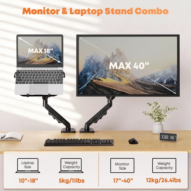 Alt view image 7 of 10 - PUTORSEN Laptop Arm Mount Desk - Fits Max 18" Notebook and 40" Computer Screen, 2-in-1 Monitor Mount with Adjustable Laptop Tray, Hold Up to 26.5lbs