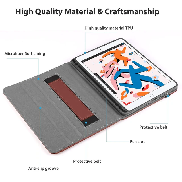Alt view image 8 of 10 - Gshine Case for iPad 6th Generation, iPad 9.7 Case 5th Generation 2018/2017, Full-Body Protective Rugged Shockproof Case with Built-in Handstrap & Apple Pencil Holder,Auto Sleep/Wake- Brown