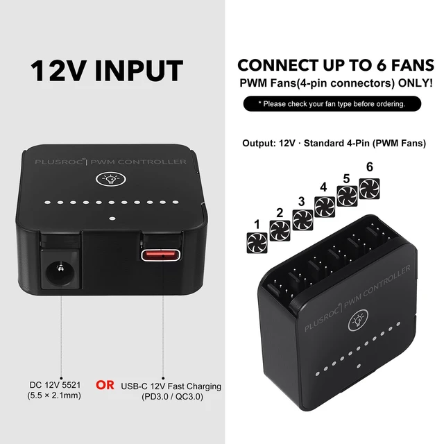 Alt view image 9 of 10 - PlusRoc 12V DC PWM Fan Controller Hub, 4-Pin 6-Way Fan Splitter with 5A Power Adater (DC 5521), 60W Output for PC Cooling Fans