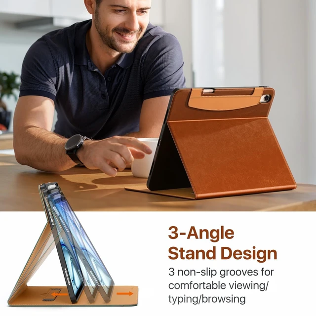Alt view image 9 of 10 - MoKo Case for iPad Air 13-inch (M4) 2026 / (M3) 2025 / (M2) 2024 with Pencil Holder & Hand Strap & Pocket, Premium Leather Folio Stand Cover, Multiple Viewing Angles, Brown