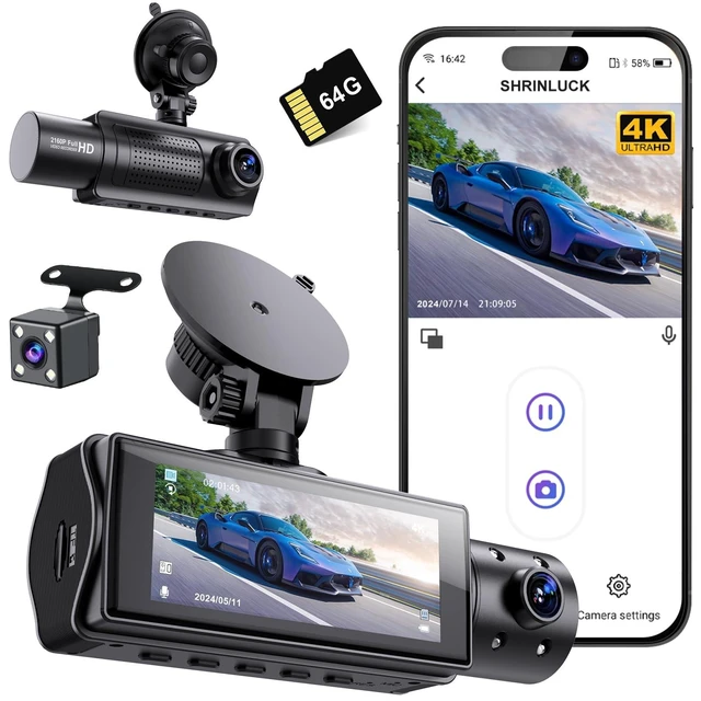 Alt view image 4 of 6 - Miden 4K WiFi Dash Cam Front and Rear Inside, Free 64G SD Card, 2160P+1080P+1080P FHD 3 Channel Dash Camera for Cars, Night Vision, 24H Parking Monitor, 360 All Sides Dashcam, G-Sensor, WDR