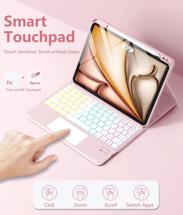 Alt view image 11 of 14 - for iPad Air 11 Inch Case with Keyboard M4/M3/M2 - Multi-Touch Trackpad, 7 Colors Backlit, Magnetic Stain Proof Folio Cover for iPad Air 5/4th Generation & Pro 11-in 4th 3rd 2nd 1st Gen, Pink