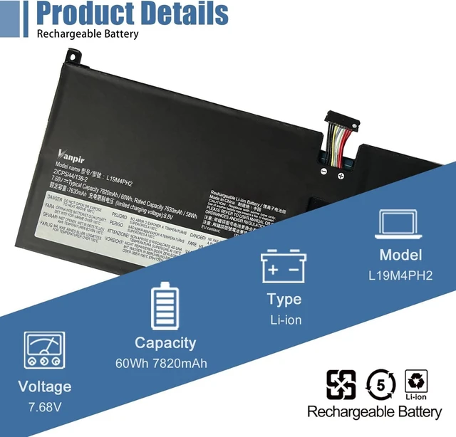 Alt view image 9 of 14 - L19M4PH2 L19C4PH2 Laptop Battery Replacement for Lenovo Ideapad Yoga 9-14ITL5 82BG Series 5B10Z33895 SB10Z33898 7.68V 60Wh 7820mAh 4-Cells