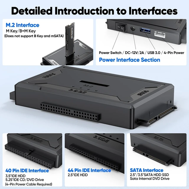 Alt view image 9 of 10 - Hard Drive Reader 4-in-1, M.2 SATA IDE to USB Docking Station, 10Gbps NVME Dock, Computer Ultra Data Retrieval Kit with 12V/2A Power Adapter for Internal M.2 2.5" 3.5" PATA HDD SSD Blu-ray Drive