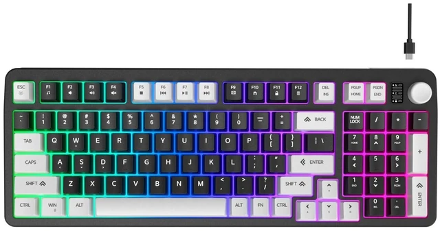 Alt view image 8 of 14 - 96% Wired Gaming Keyboard, Creamy Quiet Keyboard with Volume Knob | Membrane Silent Keyboard, 98 Keys with Number Pad, Rainbow Backlit, USB-A to Type-C, for Windows PC Laptop Games- Black/Grey