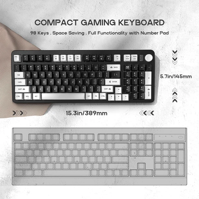 Alt view image 9 of 14 - 96% Wired Gaming Keyboard, Creamy Quiet Keyboard with Volume Knob | Membrane Silent Keyboard, 98 Keys with Number Pad, Rainbow Backlit, USB-A to Type-C, for Windows PC Laptop Games- Black/Grey