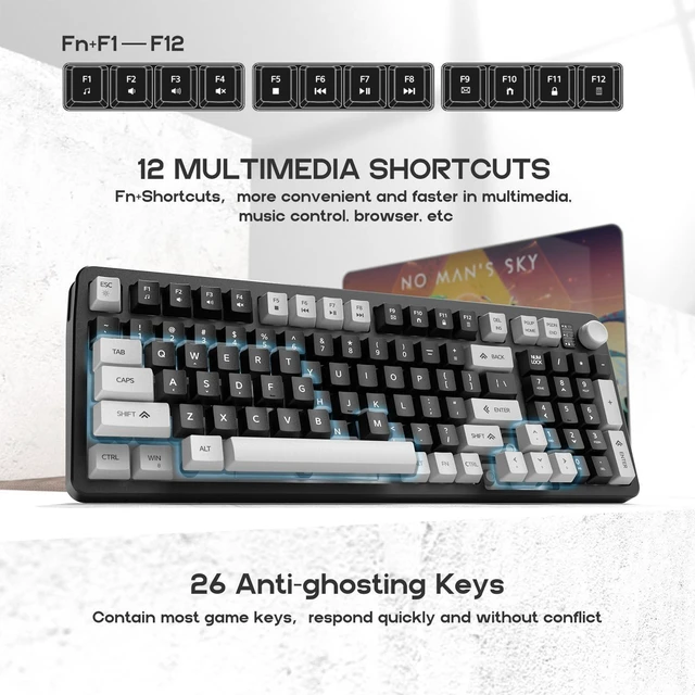 Alt view image 10 of 14 - 96% Wired Gaming Keyboard, Creamy Quiet Keyboard with Volume Knob | Membrane Silent Keyboard, 98 Keys with Number Pad, Rainbow Backlit, USB-A to Type-C, for Windows PC Laptop Games- Black/Grey
