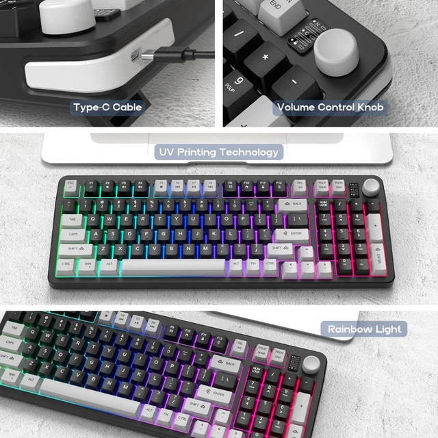 Alt view image 13 of 14 - 96% Wired Gaming Keyboard, Creamy Quiet Keyboard with Volume Knob | Membrane Silent Keyboard, 98 Keys with Number Pad, Rainbow Backlit, USB-A to Type-C, for Windows PC Laptop Games- Black/Grey