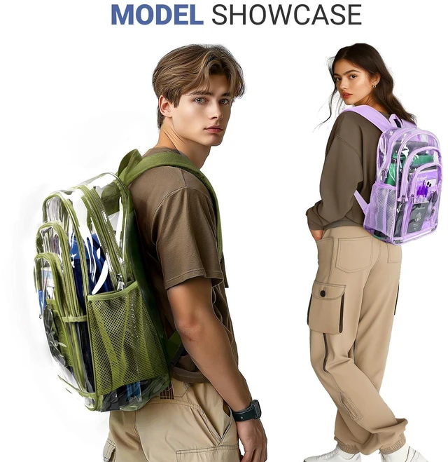 Alt view image 7 of 10 - ZORFIN Clear Backpack Heavy Duty for School & Work 17in Transparent PVC Bag with Large Capacity & Reinforced Straps See Through Bookbag for Men, Women, Boys & Girls, Workplace Security - Green