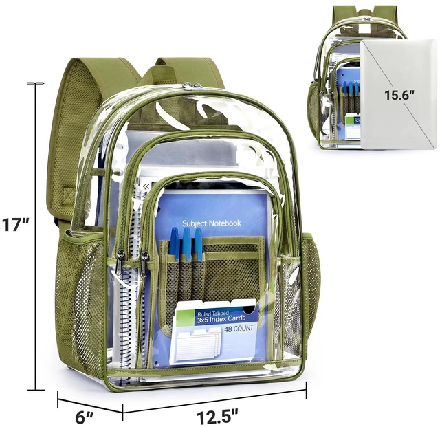 Alt view image 8 of 10 - ZORFIN Clear Backpack Heavy Duty for School & Work 17in Transparent PVC Bag with Large Capacity & Reinforced Straps See Through Bookbag for Men, Women, Boys & Girls, Workplace Security - Green