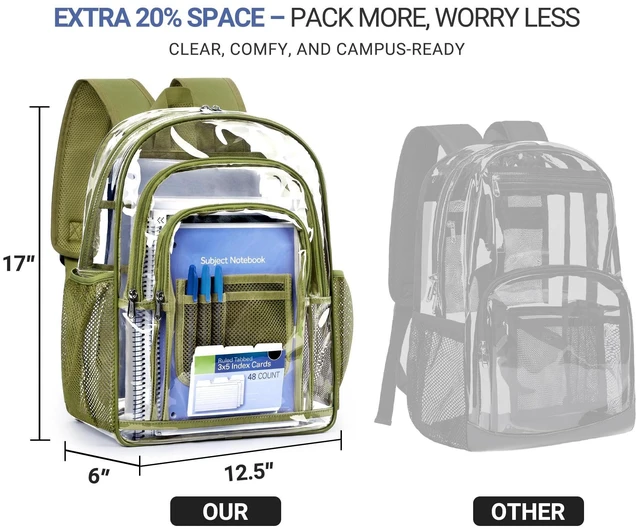 Alt view image 9 of 10 - ZORFIN Clear Backpack Heavy Duty for School & Work 17in Transparent PVC Bag with Large Capacity & Reinforced Straps See Through Bookbag for Men, Women, Boys & Girls, Workplace Security - Green