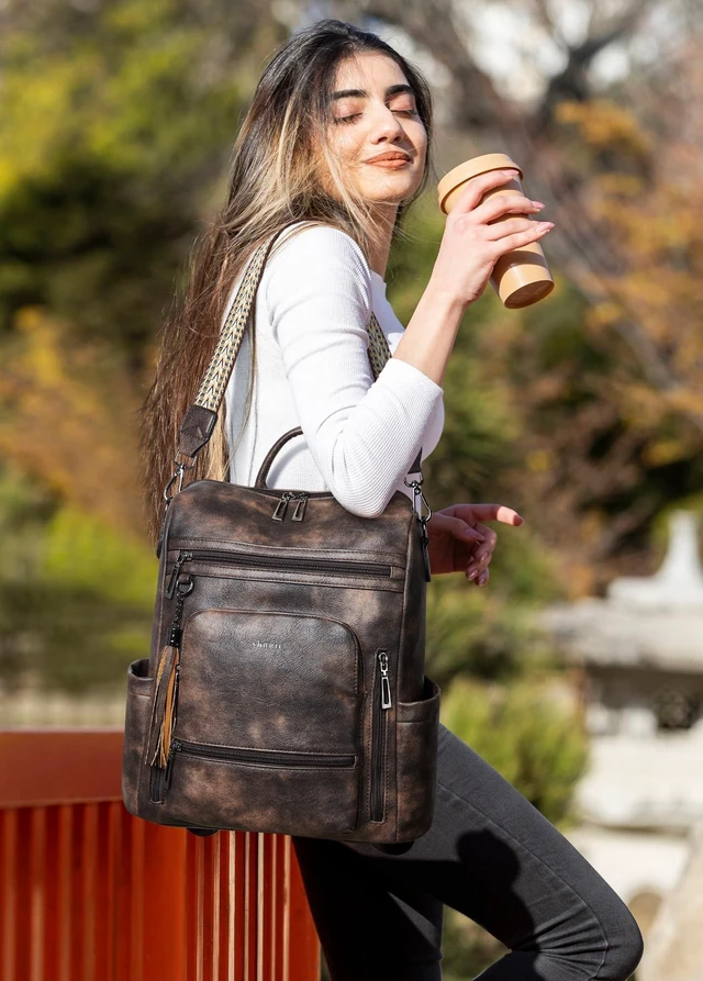 Alt view image 7 of 10 - Shrrie Fashion Vegan Leather Backpack Purse for Women,Fits 15.6 Inch Laptop for Work Travel School