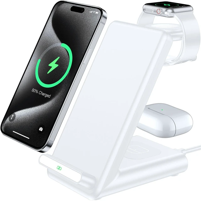 Alt view image 8 of 14 - Wireless Charging Station,3 in 1 Charging Stand Made for Apple Watch Ultra 11 10 9 8 7 6 SE 5 4 3,Fast Wireless Charger Made for iPhone 17/Air/16/15/14/13/12,for AirPods Pro(with Adapter) (White)