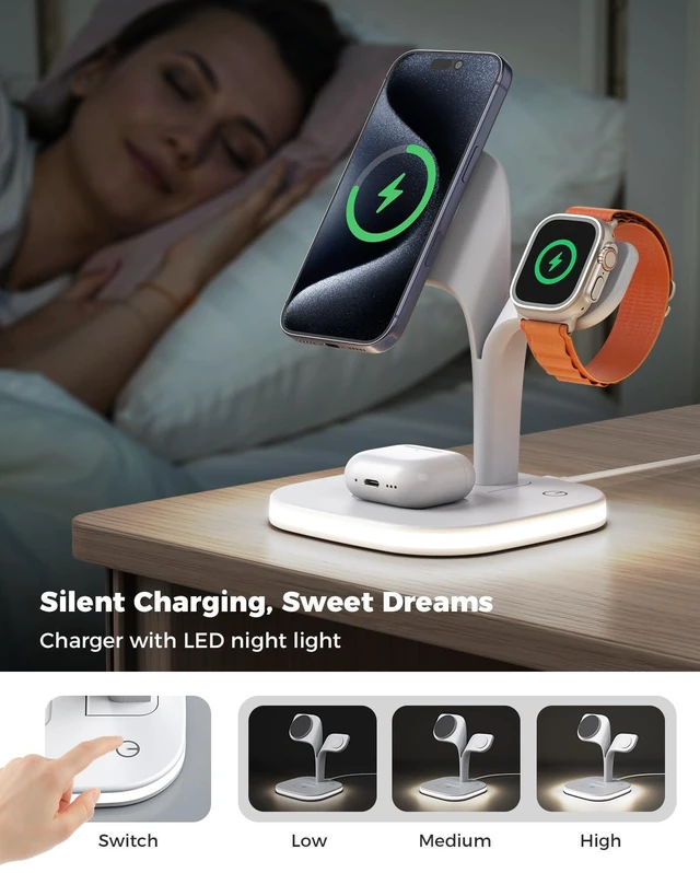 Alt view image 12 of 14 - for Magsafe Charger Stand,Charging Station for Multiple Devices,Wireless Charger for iPhone 17 Air 16 15 14 13 12 Series,Apple Watch Series 1-10/Ultra,AirPods Pro with LED and Adapter (White)