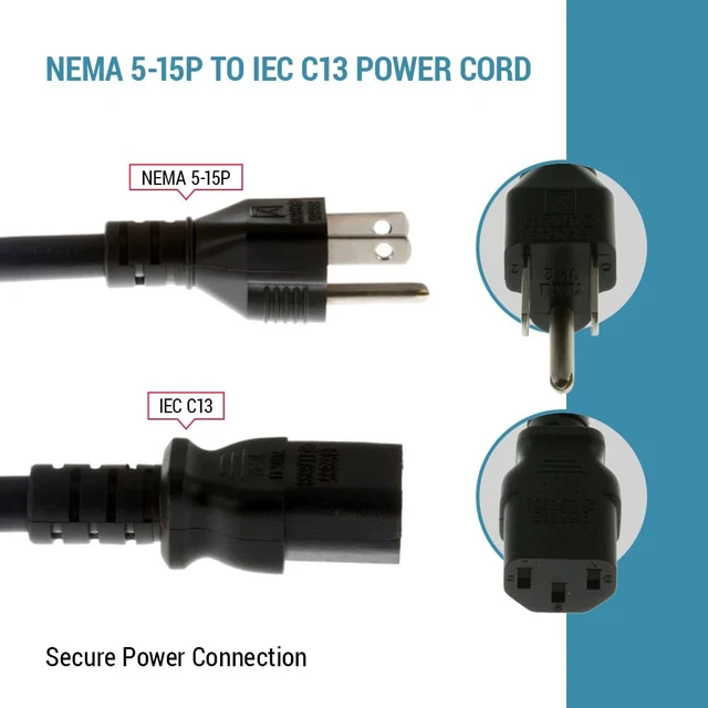 Alt view image 11 of 14 - Heavy Duty AC Power Cord 15ft (4.5m), 14AWG NEMA 5-15P to C13 | 3 Prong Replacement Power Cord, 15A/125V, 14 AWG, NEMA 5-15P to IEC 60320 C13 for PC, Monitor and Workstation Devices