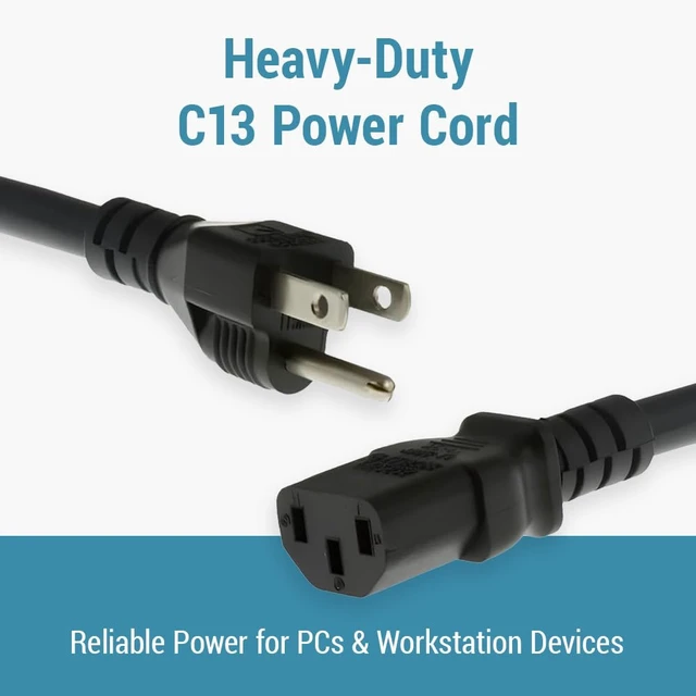 Alt view image 9 of 14 - Heavy Duty AC Power Cord 15ft (4.5m), 14AWG NEMA 5-15P to C13 | 3 Prong Replacement Power Cord, 15A/125V, 14 AWG, NEMA 5-15P to IEC 60320 C13 for PC, Monitor and Workstation Devices