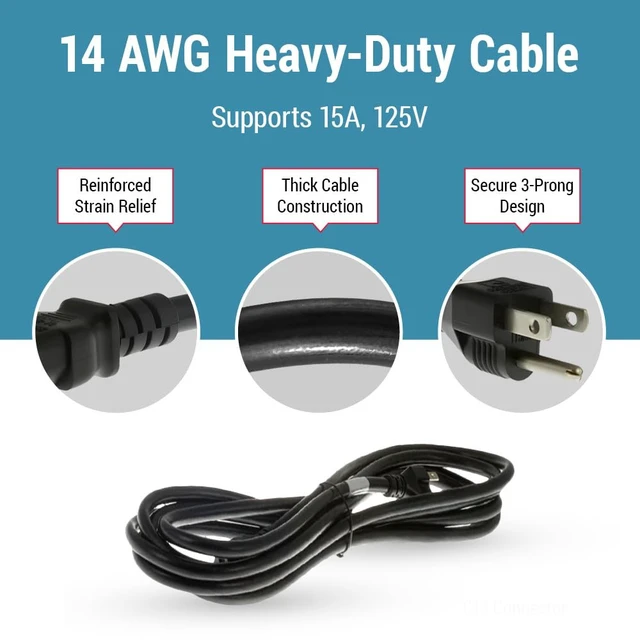 Alt view image 12 of 14 - Heavy Duty AC Power Cord 15ft (4.5m), 14AWG NEMA 5-15P to C13 | 3 Prong Replacement Power Cord, 15A/125V, 14 AWG, NEMA 5-15P to IEC 60320 C13 for PC, Monitor and Workstation Devices