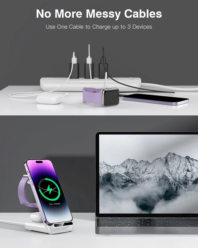 Alt view image 14 of 14 - Wireless Charging Station,3 in 1 Charging Stand Made for Apple Watch Ultra 11 10 9 8 7 6 SE 5 4 3,Fast Wireless Charger Made for iPhone 17/Air/16/15/14/13/12,for AirPods Pro(with Adapter) (White)